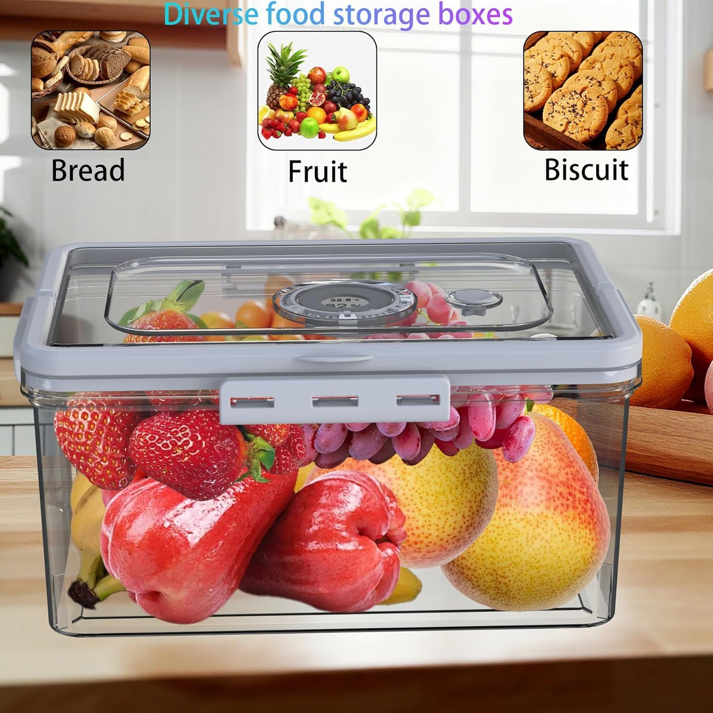 Bread Box With Digital Hygrometer, Portable Bread Boxes with Lid and Handle,New Upgrade Time Recording Bread Storage Container for Homemade Breads,Toast, Bagel, Donut and Cookies(Grey)