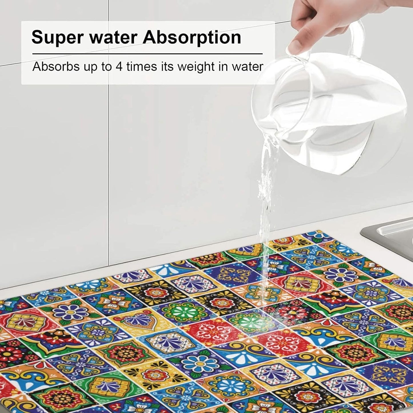 Mexican Talavera Tile Microfiber Dish Drying Mats, Colorful Absorbent Kitchen Mat for Dishes & Counter, 18 x 24 Inch Washable Foldable Reuasble, Kitchen Home Decor, Holiday Festival Housewarming Gift