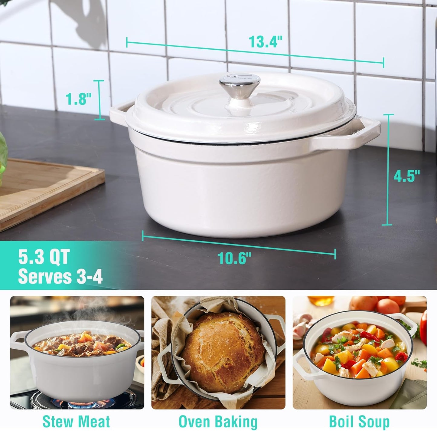 HAUSHOF 5.3QT Enameled Cast Iron Dutch Oven with Lid, Non-Stick Pot for Sourdough Bread Baking, Stewing, Rosting, Oyster White