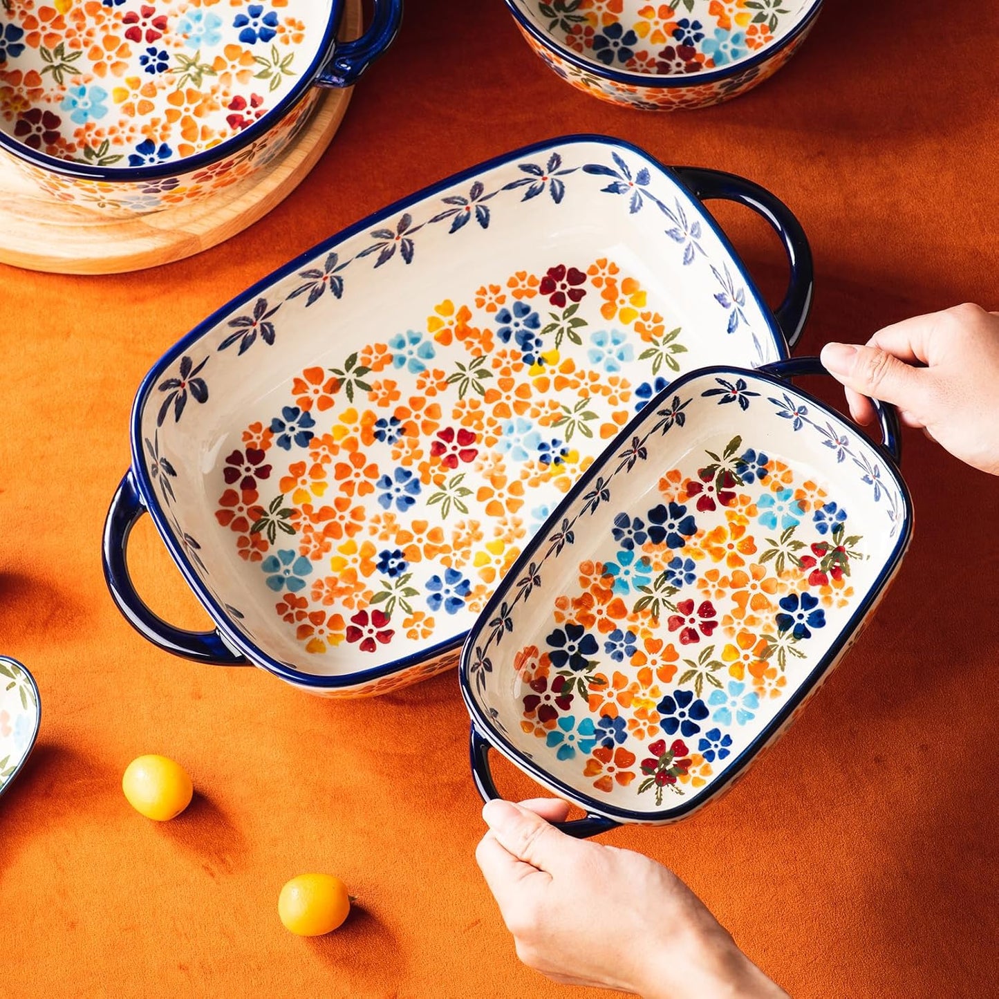 Retro pastoral style Ceramic Baking Dish Rectangular Bakeware Set Baking Pan, 2-piece Hand-painted Porcelain Baking pan with handle, Casserole Dish for Oven/Cooking/Kitchen (Colorful Flower)