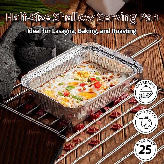 INFINITY EL Disposable Aluminum Foil Pan 25 Pack | Half Shallow 12.5" x 10" x 1.5" Deep Disposable Baking Pan | Heavy Duty Aluminum Pan for Roasting Turkey, Lasagna, Thanksgiving, Christmas & Parties