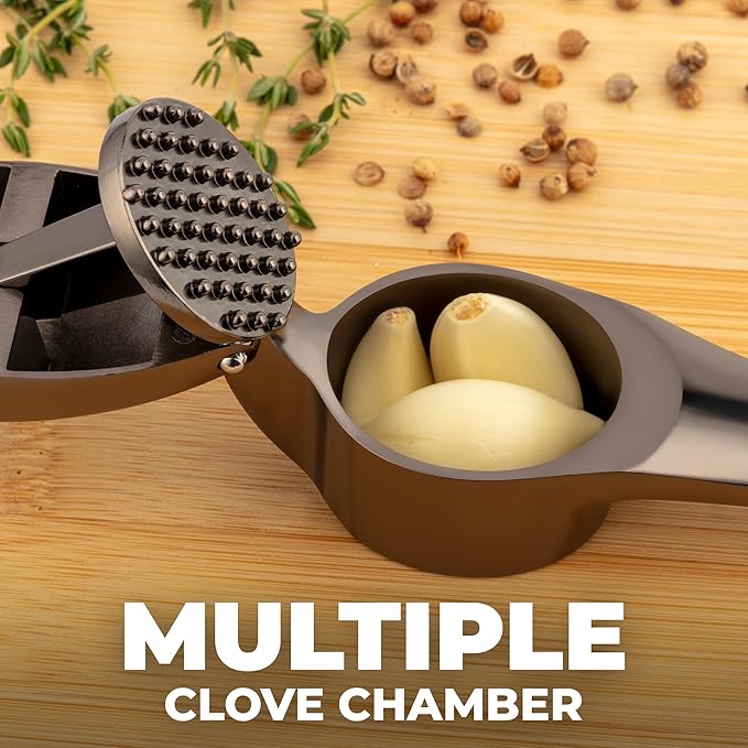 Zulay Kitchen Large Premium Garlic Press Set – Rust Proof & Dishwasher Safe, Bigger Bowl Garlic Mincer Tool with Silicone Garlic Peeler & Brush, Easy Squeeze & Clean, Ergonomic Handle - Dark Gray