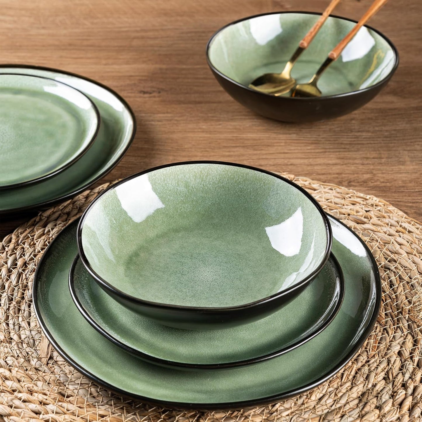 AmorArc Ceramic Dinnerware Sets,Handmade Reactive Glaze Stoneware Plates and Bowls Set,Highly Chip and Crack Resistant | Dishwasher & Microwave Safe Dishes Set,Service for 4 (12pc)