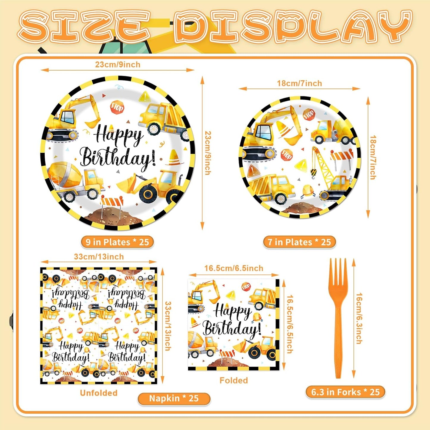 100 Pcs Construction Truck Party Tableware Set – Disposable Vehicle Theme Plates, Napkins, and Forks for Boys Birthday Parties and Truck-Themed Celebrations – Serves 25