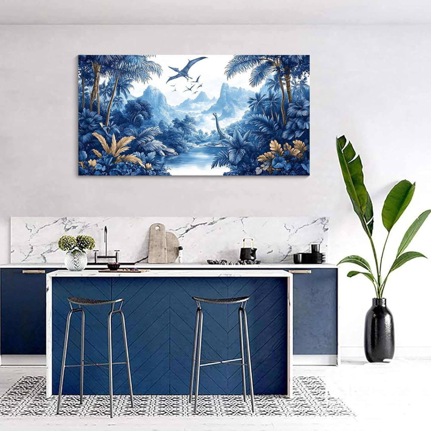 HKDGOKA Vintage Forest Wall Art, Blue Large Jurassic Dinosaur Canvas Pictures Tree Mountains Lake Landscape Paintings Artwork for Bedroom Living Room Kitchen Home Office Decor 24x48 IN