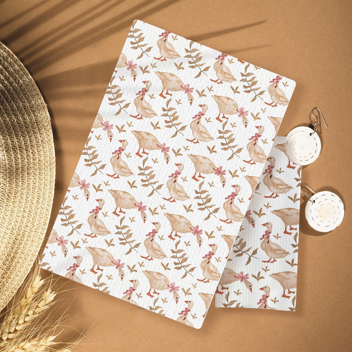 Coquette Pink Bow Silly Goose Kitchen Towels, Rustic Botanical Goose Decorative Hand Towels for Bathroom, Cottagecore Farm Animal Dish Tea Towels for Kitchen Decor, 16x24 Inches