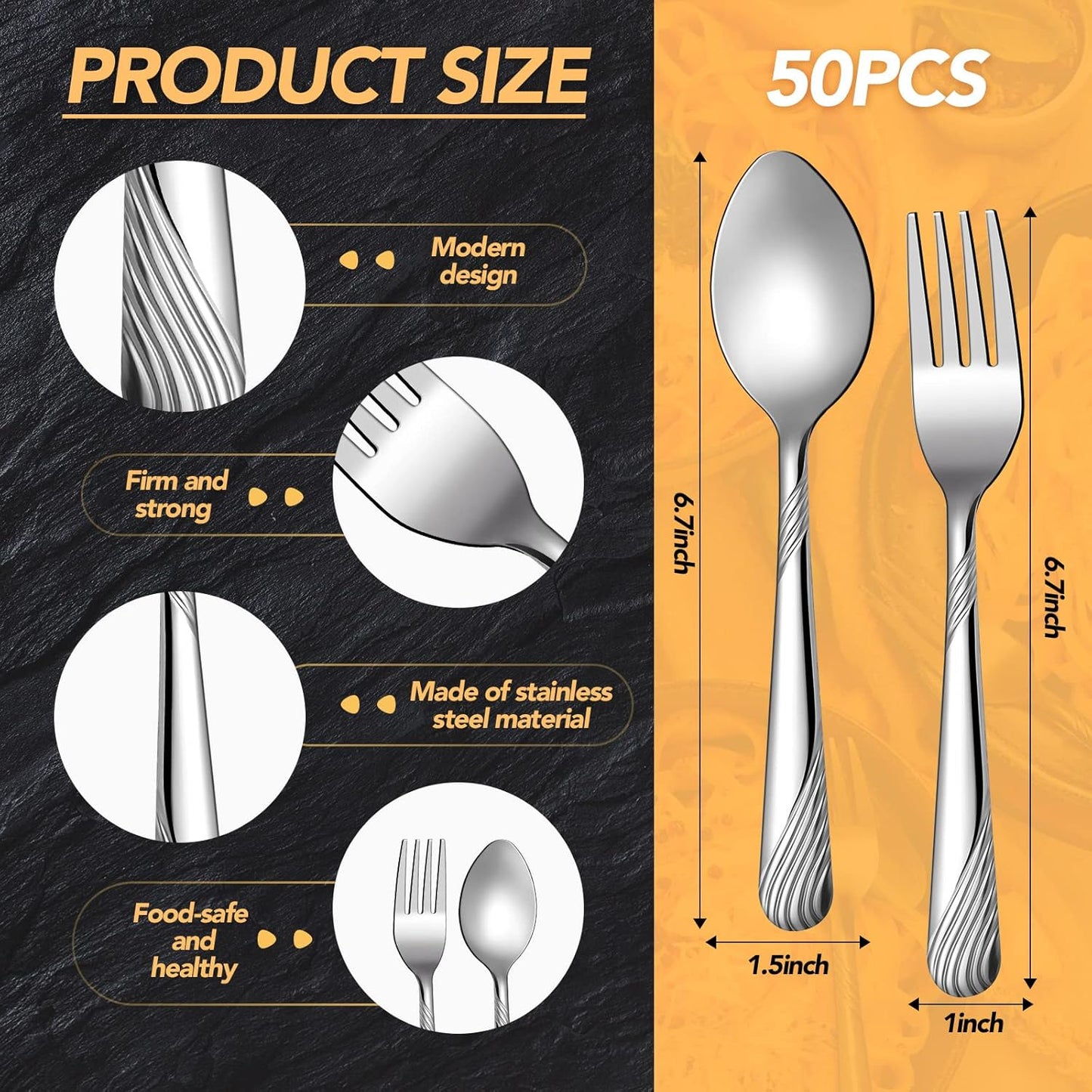 50 Pcs Forks and Spoons Silverware Set Stainless Steel Flatware Cutlery Set Heavy Duty Metal Spoons and Forks for Kitchen Utensil Dinner Restaurant Home, Mirror Polished, Dishwasher Safe(Stripe)