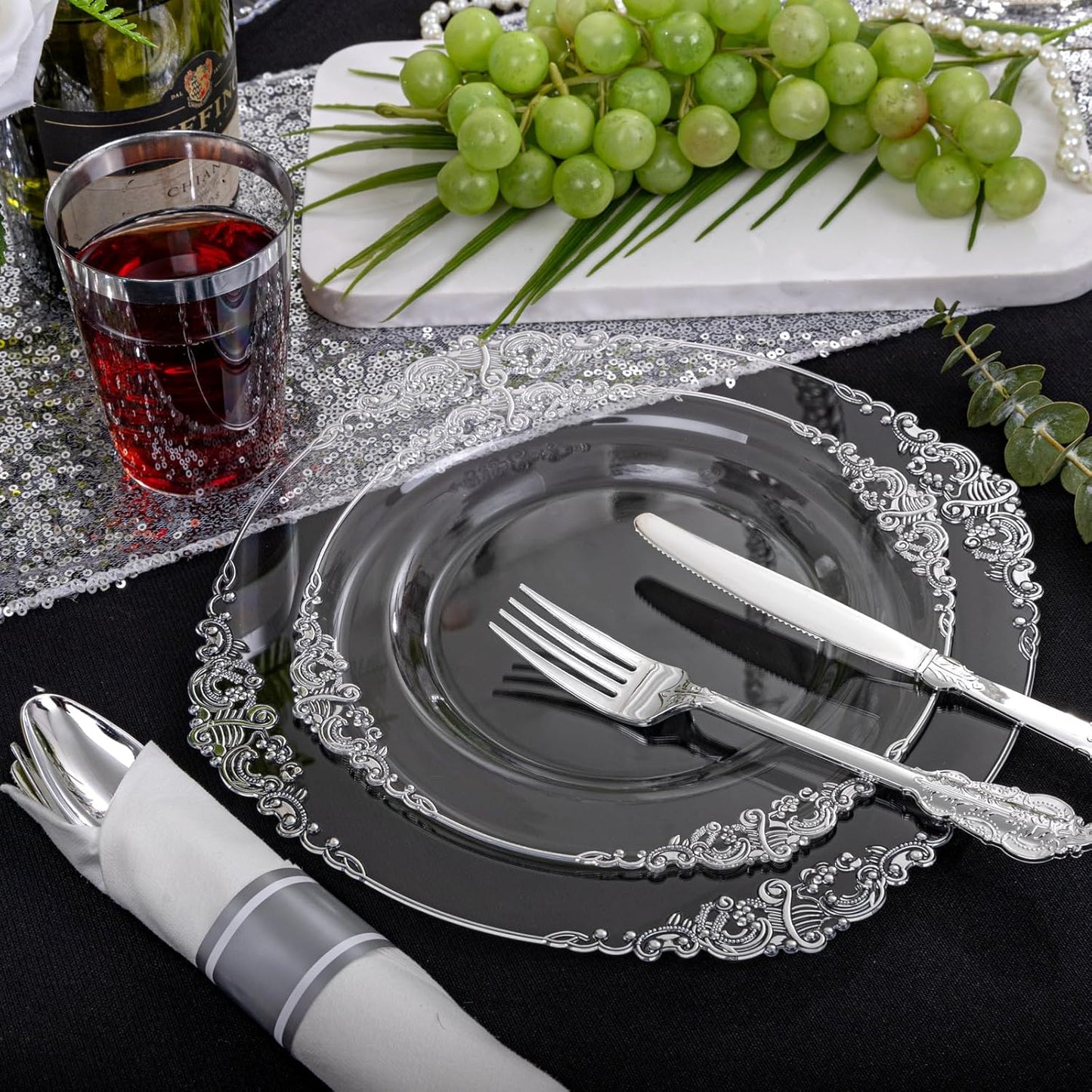 Morejoy 350PCS Clear Silver Plastic Plates - Silver Disposable Plates sets Include 50 Dinner Plates,50 Salad Plates,50 Forks,50 Knives, 50 Spoons，50 Cups, 50 Rolled Napkins for Wedding & Party