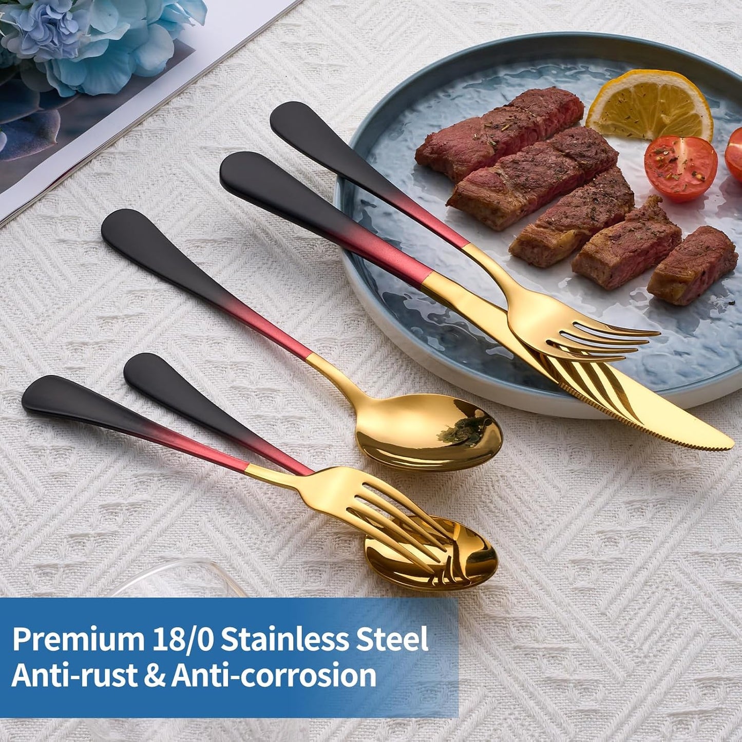 20-Piece Black Red Gold Silverware Set, 18/0 Stainless Steel Colorful Handle Flatware Set,Service for 4,Modern Cutlery Set Includes Dinner Knives Forks Spoons,Mirror Polished,Dishwasher Safe