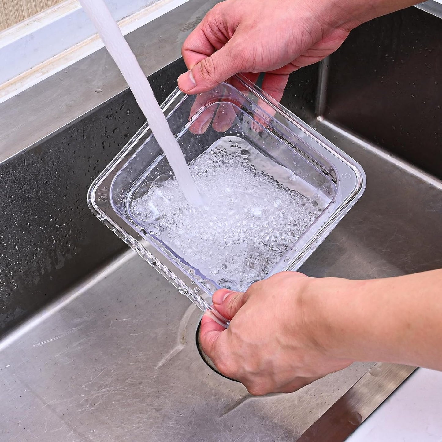 12 Pack Plastic Clear Food Pan with Lids, 1/6 Size 4'' Deep Commercial Stackable Polycarbonate Pans Hotel Food Storage Pan with 1 Pcs Spoon for Fruits Vegetables