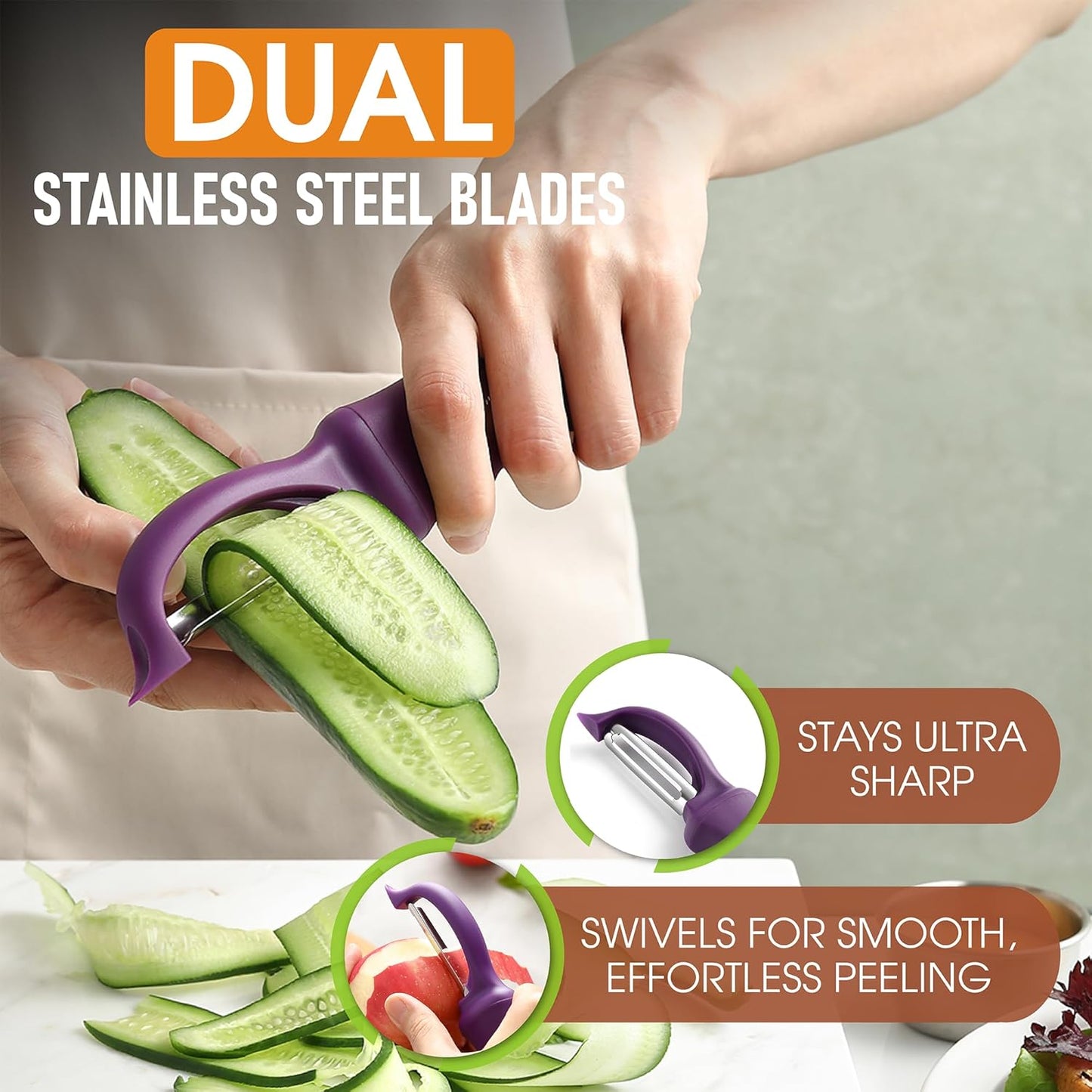 Spring Chef Professional Purple Swivel Vegetable Peeler for Kitchen, Stainless Steel Potato Peeler with Soft Grip Handle, Perfect For Veggie, Fruit, Carrot, Apple, Cucumber - Dishwasher Safe