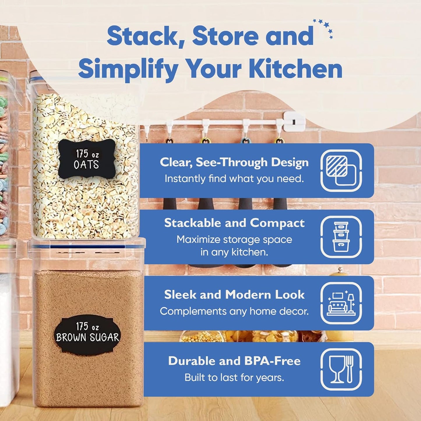 Chef's Path Kitchen Storage Box Set of 4 Extra Large Airtight Food Storage Jars for Sugar Flour Cereal Rice - Measuring Spoons, Pen and Food Preservation Labels (5.2 L)