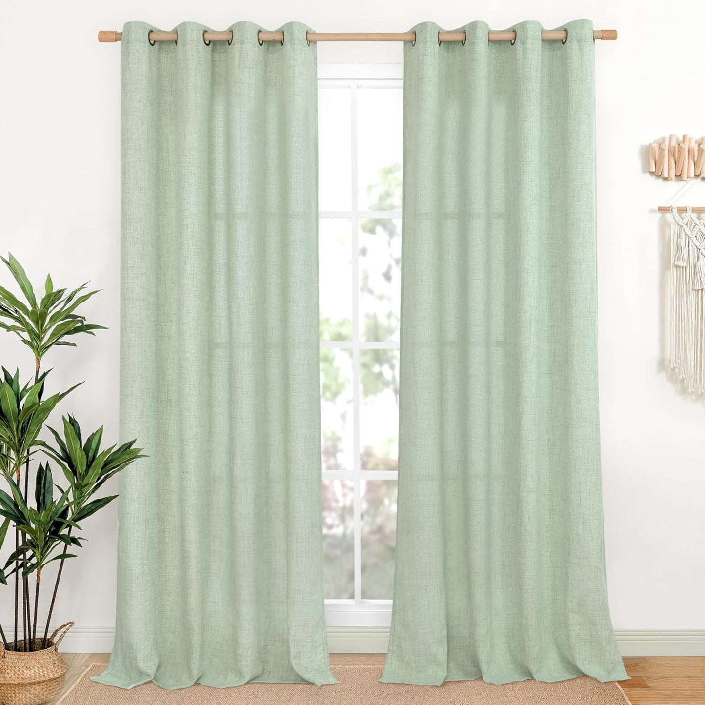 YoungsTex Sage Green Linen Curtains 84 Inches Long for Living Room, Light Filtering Drapes with Bronze Grommet Rustic Semi Sheer for Dining Bedroom, 52 X 84 Inch, 2 Panels