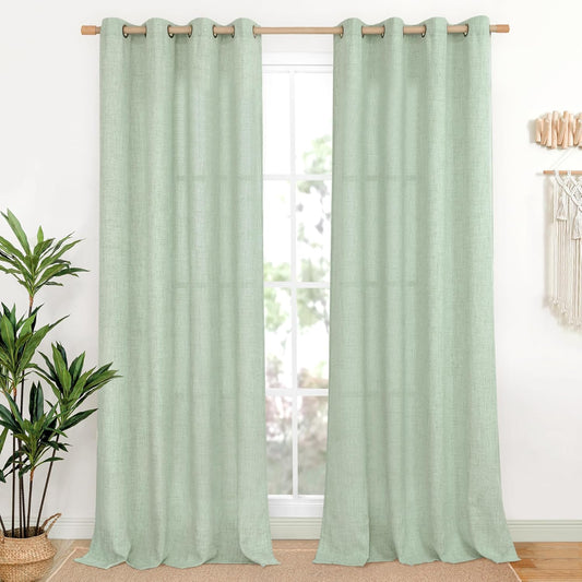 YoungsTex Sage Green Linen Curtains 84 Inches Long for Living Room, Light Filtering Drapes with Bronze Grommet Rustic Semi Sheer for Dining Bedroom, 52 X 84 Inch, 2 Panels