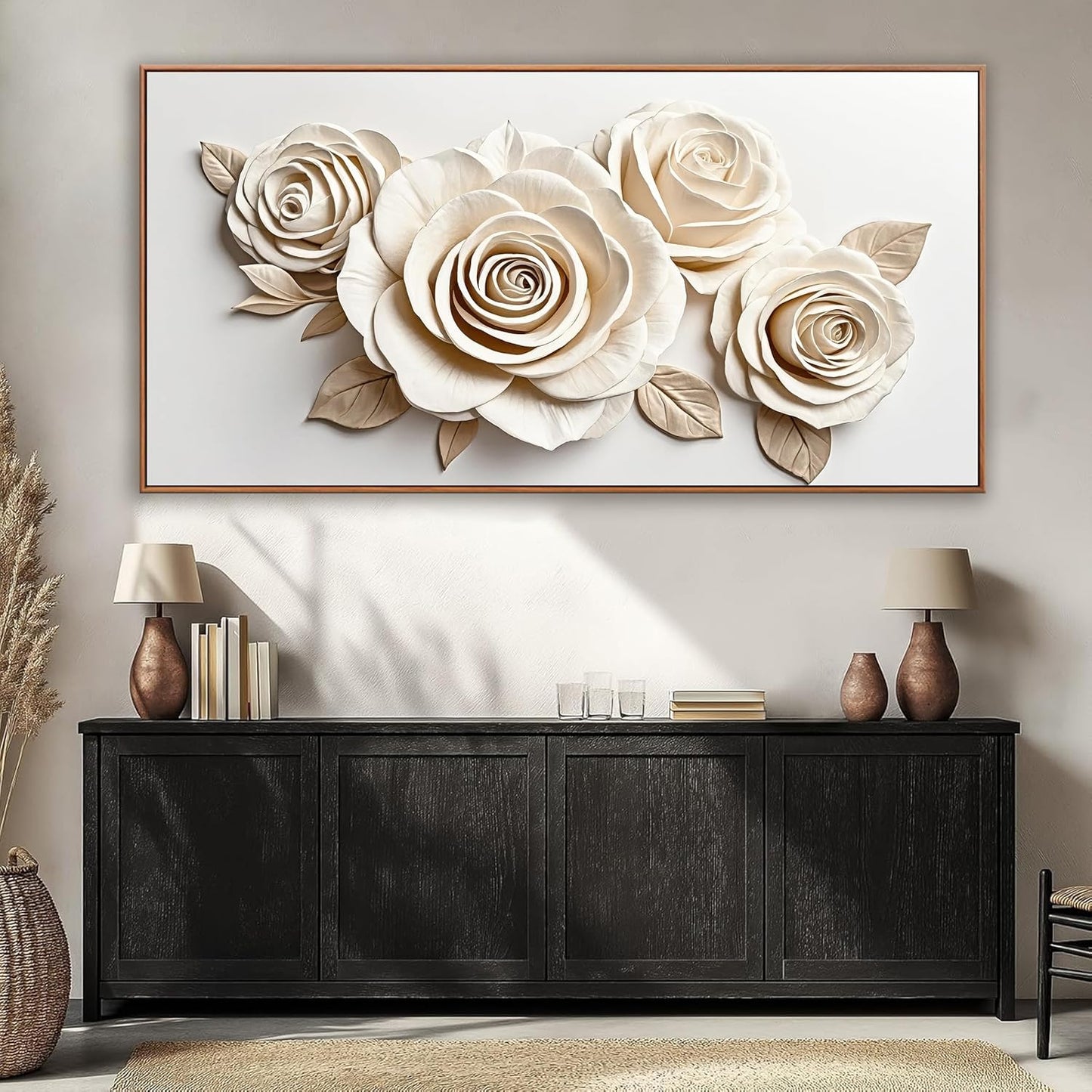 Framed White Flower Wall Art Living Room Home Wall Decor Modern Canvas Art Wall Decor 29 x 58 Inches Large Flower Wall Art Elegant Picture For Bedroom Office Artwork
