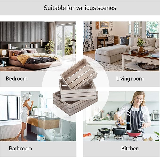 Farmhouse Wood Nesting Storage Crates with Handles, Decorative Tabletop Container Boxes, Bathroom Living Room Kitchen Organizer, Gift, Set of 3, Rustic Nature