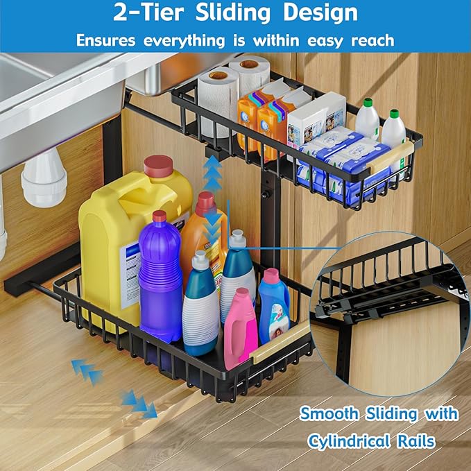 2Pcs Under Sink Organizer, Adjustable Under Sink Organizers and Storage, 2-Tier Pull Out Under Kitchen Sink Organizer, Sliding Out Metal Under Bathroom Sink Organizer for Kitchen Pantry Black