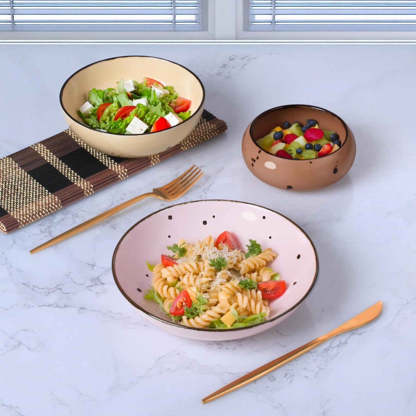 Esfour 8 Inch Porcelain Pasta Bowl, 23.6 Ounce Salad Bowls, Microwave & Dishwasher Safe, Sturdy & Stackable, Set of 6 Ceramic Bowl Plate Set, Wide Shallow Salad Bowls, Blossom Assorted Colors