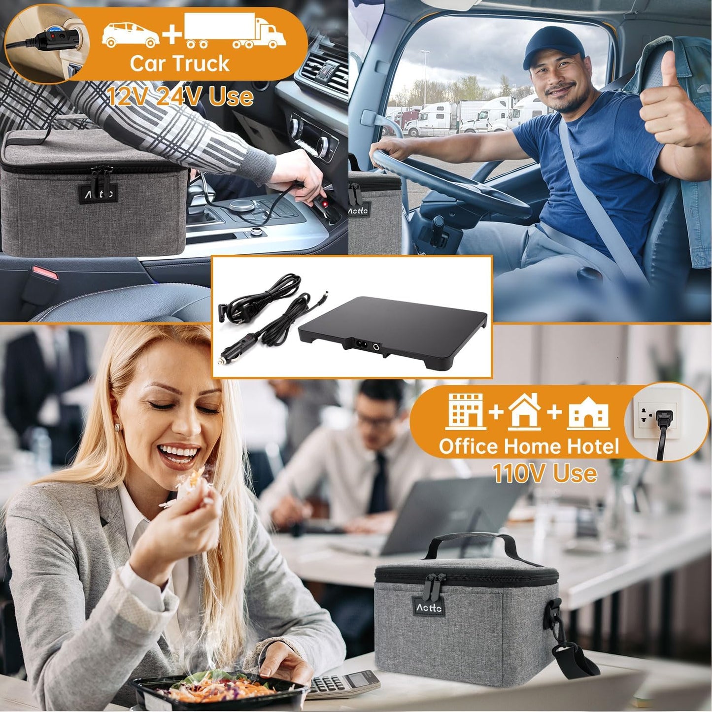 Aotto Portable Oven, Electric Lunch Box Food Heater - 12V/24V/110V 3-in-1 Car Food Warmer - Heated Lunch Box for Adults - Cook, Reheat & Keep Meals Warm for Car, Truck, Travel, Work, Home - Grey