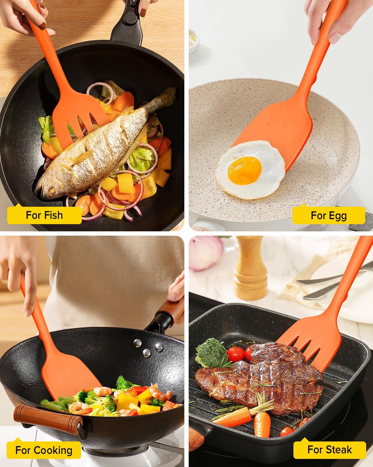 Pack of 2 Silicone Spatula Turners, Non Stick Slotted Kitchen Spatula Set, Heat Resistant BPA Free Kitchen Utensils, One-Piece Design, Suitable for Flipping Fish, Eggs, Steak, Pancakes (ORANGE)