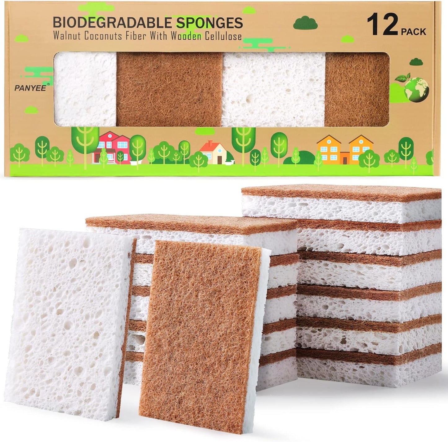 Biodegradable Natural Kitchen Sponge，Eco Friendly Sponges for Dishes,Compostable Cellulose Sponge with Natural Plant Based Coconut Walnut Sustainable Scrubber Pack of 12