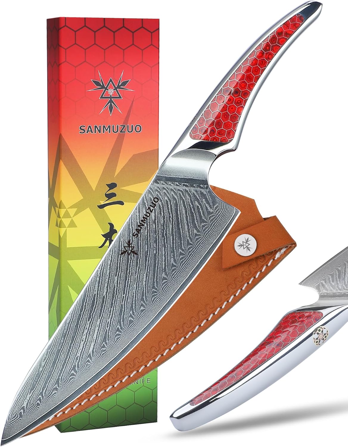 8 inch Chef Knife, Japanese VG-10 Damascus Steel Kitchen Knife, Ultra Sharp Cooking Knife with Full-tang Handle in Red Resin, LA-S9 Series