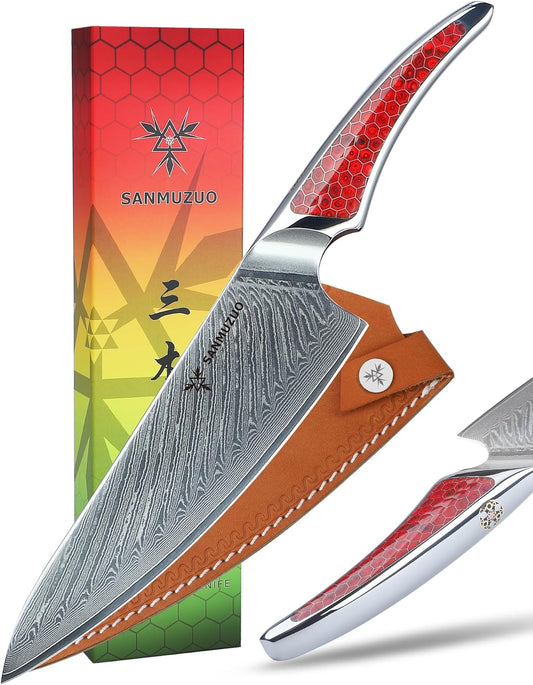 8 inch Chef Knife, Japanese VG-10 Damascus Steel Kitchen Knife, Ultra Sharp Cooking Knife with Full-tang Handle in Red Resin, LA-S9 Series