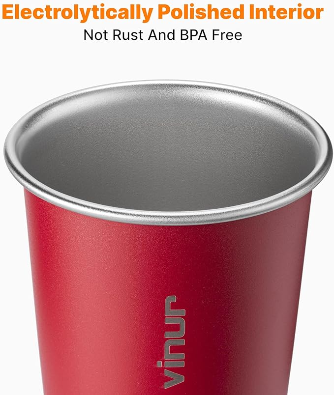 VINUR 20 oz Stainless Steel Cups 4 Pack Pint Tumbler Stackable Metal Drinking Glasses for Travel, Camping, Outdoors (Purple-Orange-Sky Blue-Canyon Red)