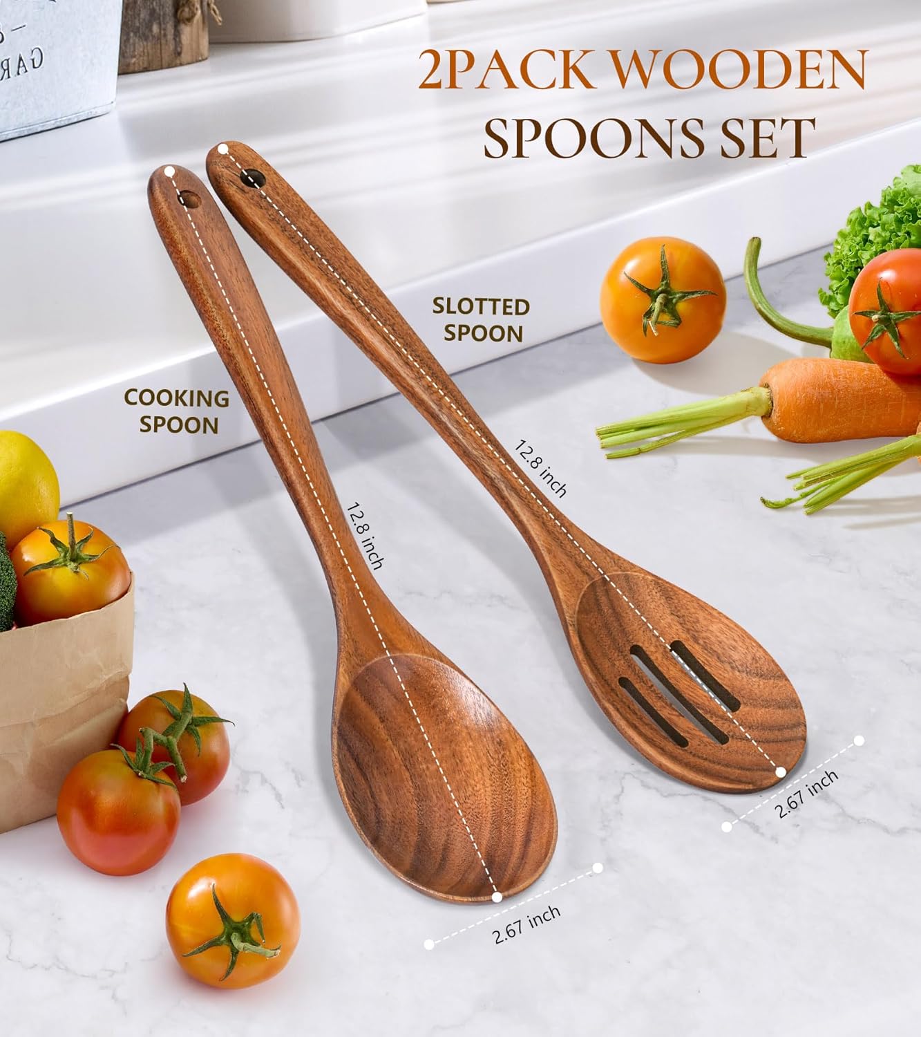2Pcs Wooden Spoons for Cooking, Natural Premium Teak Wooden Spoon & Slotted Spoon, Good Grip Large Cooking Spoons Spatula, Heat Resistant Wooden Kitchen Cooking Utensils Set for Nonstick Cookware