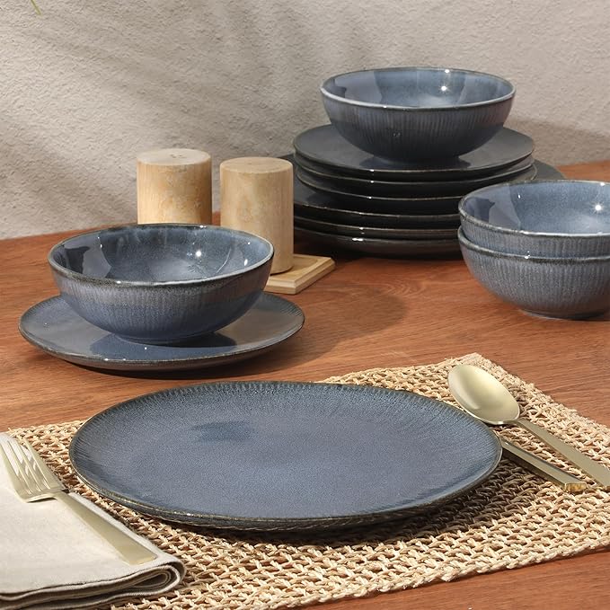 Gibson Elite Sandy Pines Stoneware Plates and Bowls Set - 12 Piece Reactive Glaze Dinnerware Set - Service for 4 - Dishwasher and Microwave Safe - Blue