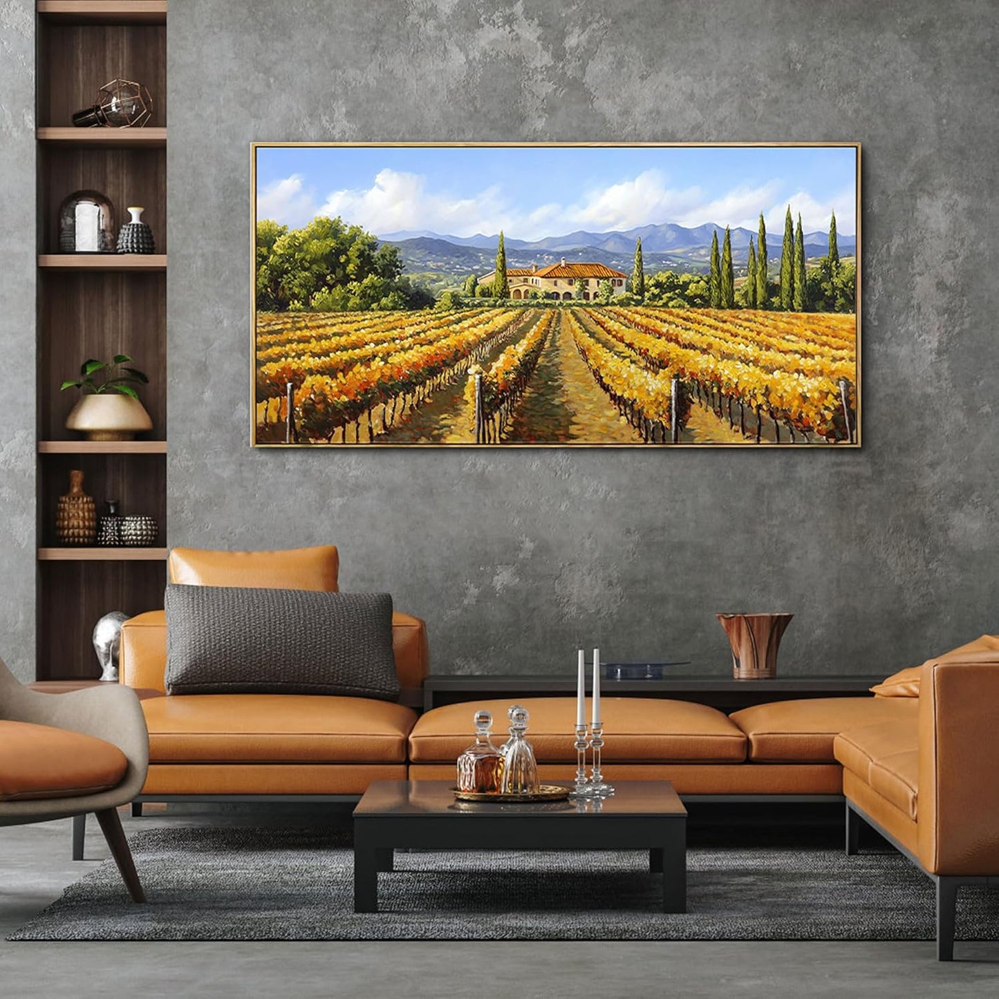 XLSJERST Fall Picture - Orange Wall Art Vineyard Large Landscape Autumn Framed Wall Decor Living Room Vintage Artwork Nature Forest Canvas Wall Art for Bedroom Office Fall Wall Decor - 40x20 Inches
