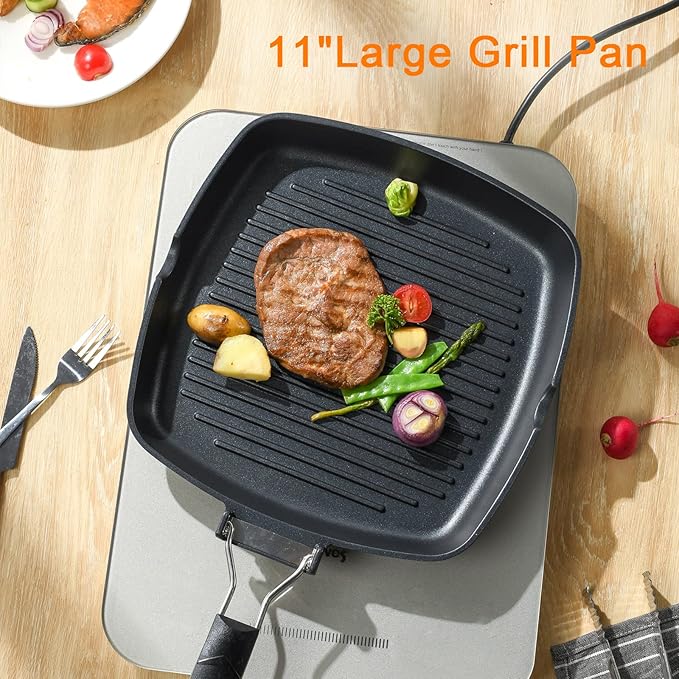 SKITCHN Nonstick Grill Pan With Folding Handle - Induction Compatible KBBQ Pan for Stove Tops, Indoor Square BBQ Grilling With Pour Spouts - 11 in