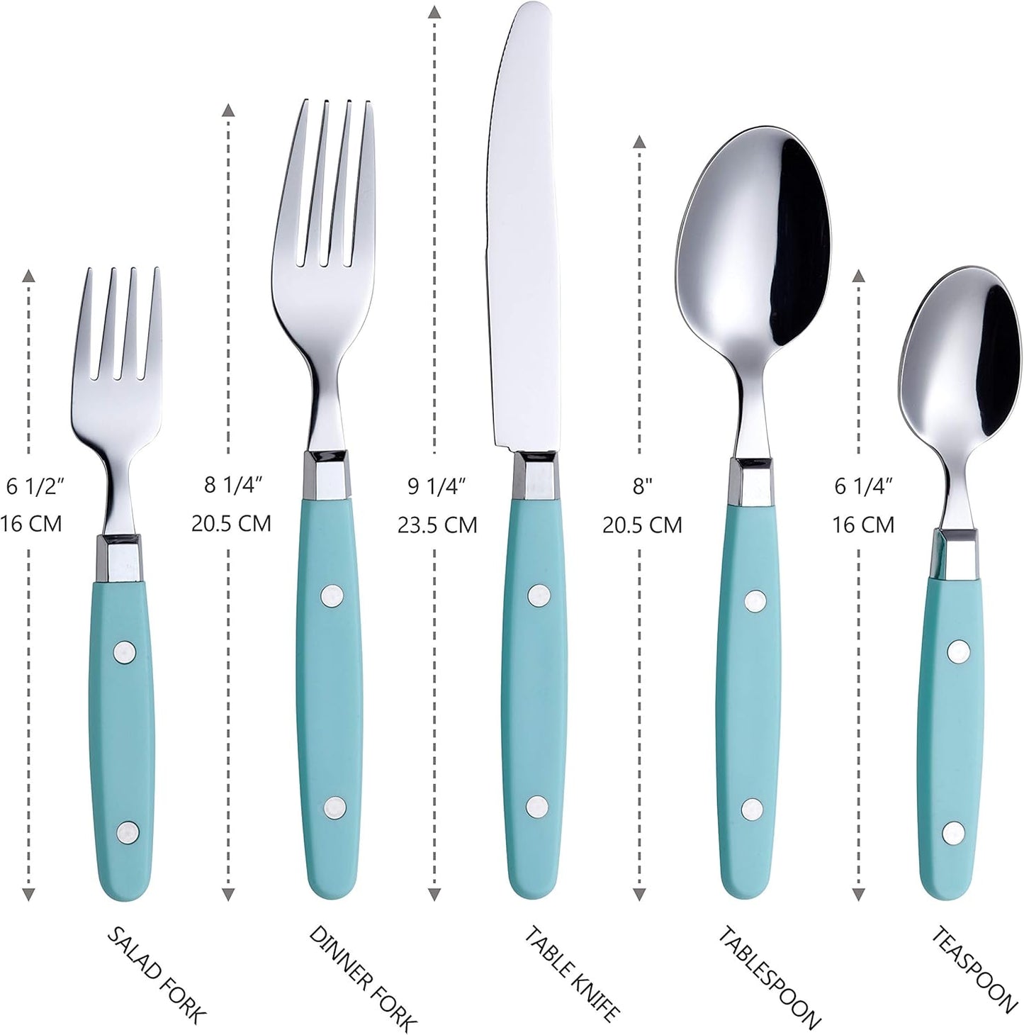 ANNOVA Silverware Set, Retro/Rivet Colorful Stainless Steel Tableware Kitchen Flatware Set Utensils, Includes Dinner Knives, Forks, Spoons, Salad Forks & Dessert Spoons (Turquoise, 20 Pieces)