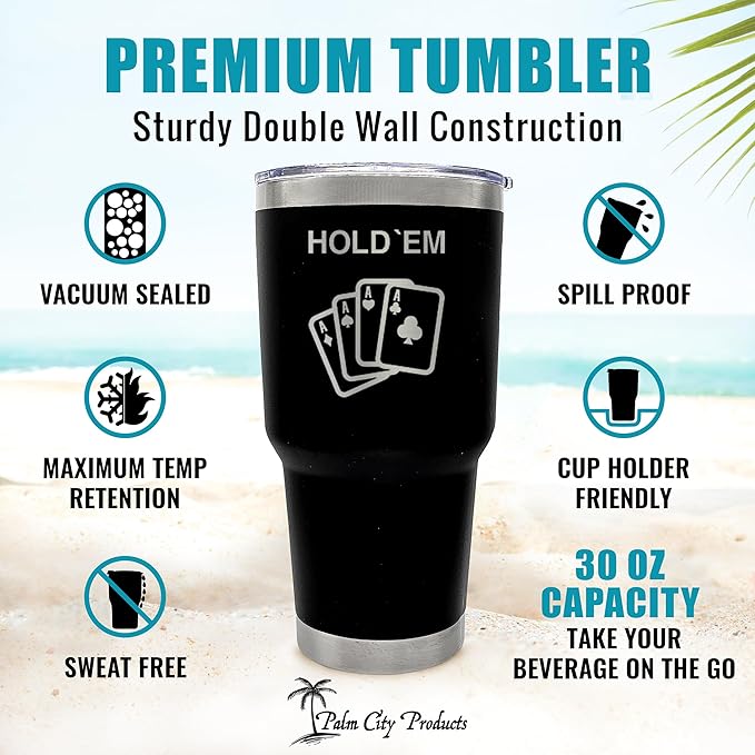 Palm City Products Premium 30 oz Poker Engraved Black Tumbler with Slider Lid - Ideal for Poker Enthusiasts