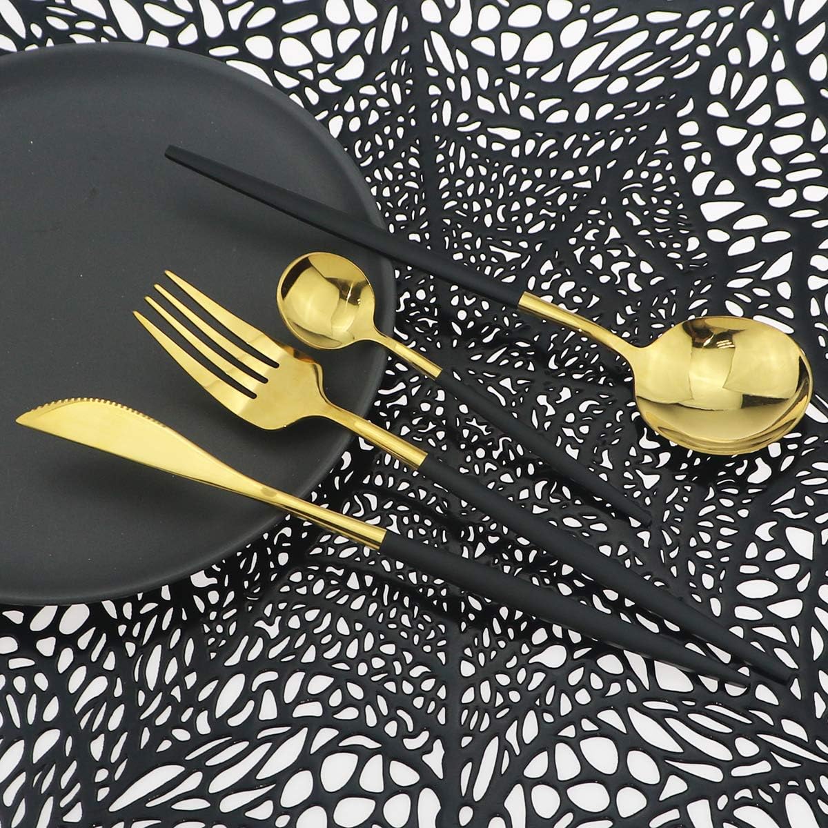 Shiny Silverware Sets, 24-Piece Elegant Cute Black Handle Gold Cutlery set,304 Stainless Steel Silverware Set for Eating Home Kitchen Hotel Restaurant, Sets for 6 People, Dishwasher Safe