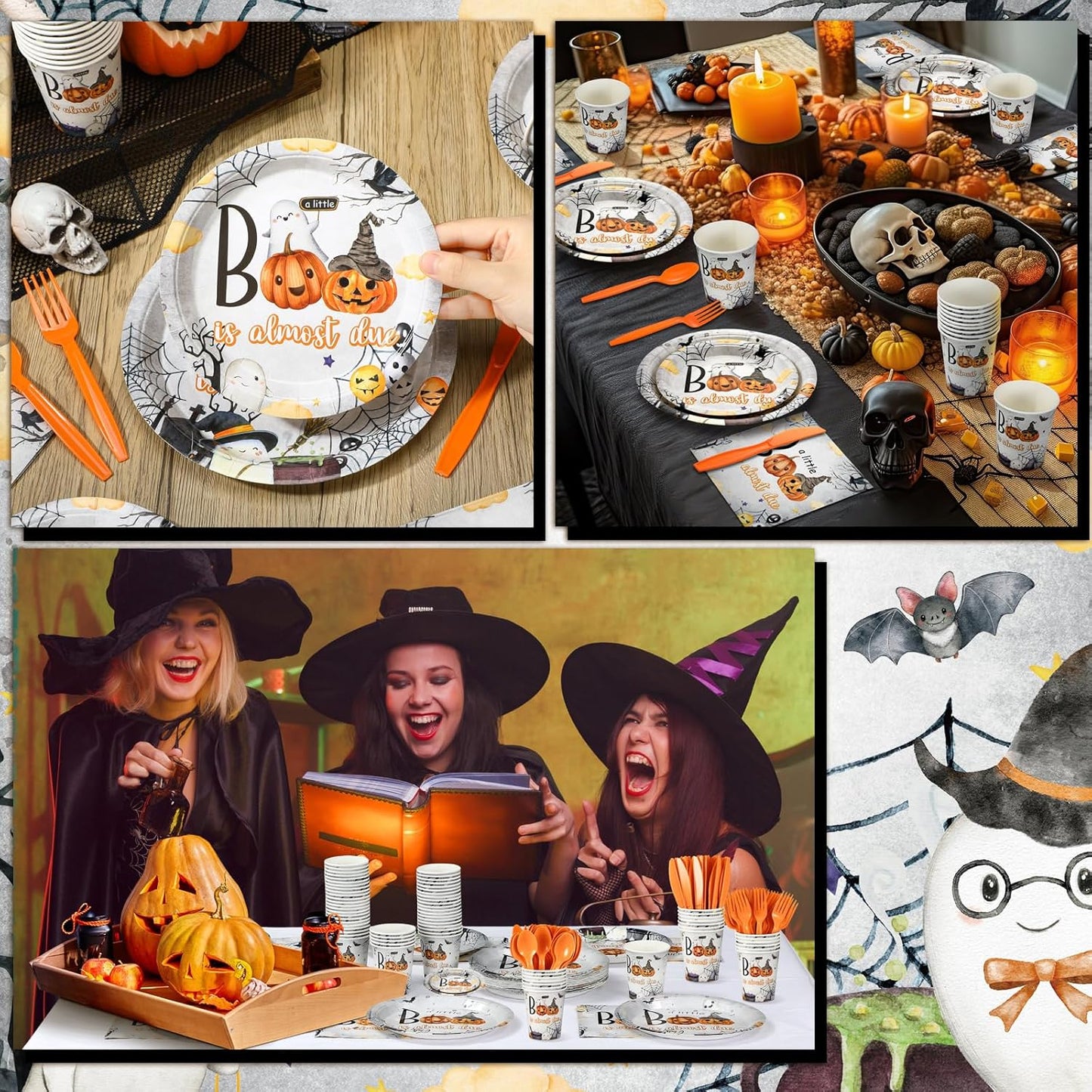 Dandat 350 Pcs Baby Shower Plates Set Baby Shower Party Supplies Serves 50 Tableware Sets Include Plates Napkin Cup Forks Knives Spoons Disposable Dinnerware(Boo,Orange)