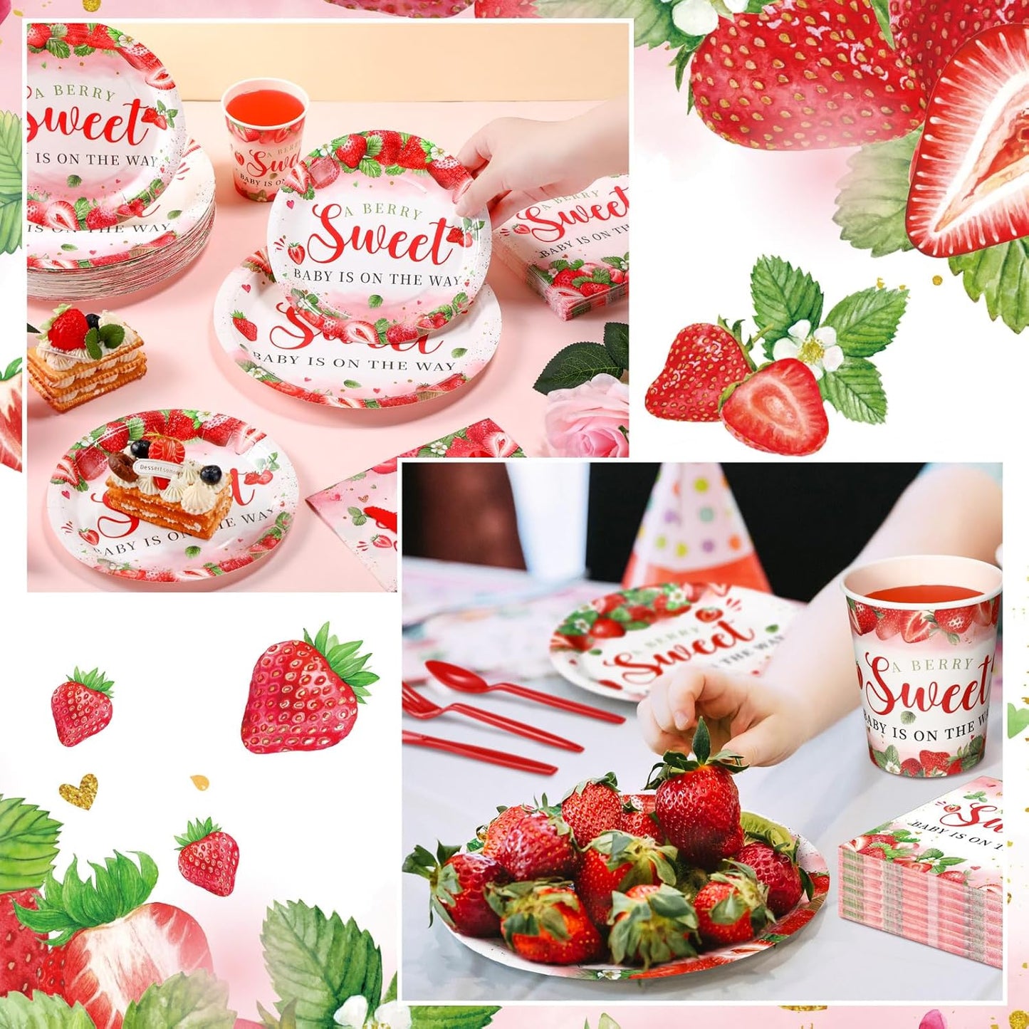 Dandat 350 Pcs Baby Shower Plates Set Baby Shower Party Supplies Serves 50 Tableware Sets Include Plates Napkin Cup Forks Knives Spoons Disposable Dinnerware(Strawberry,Red)