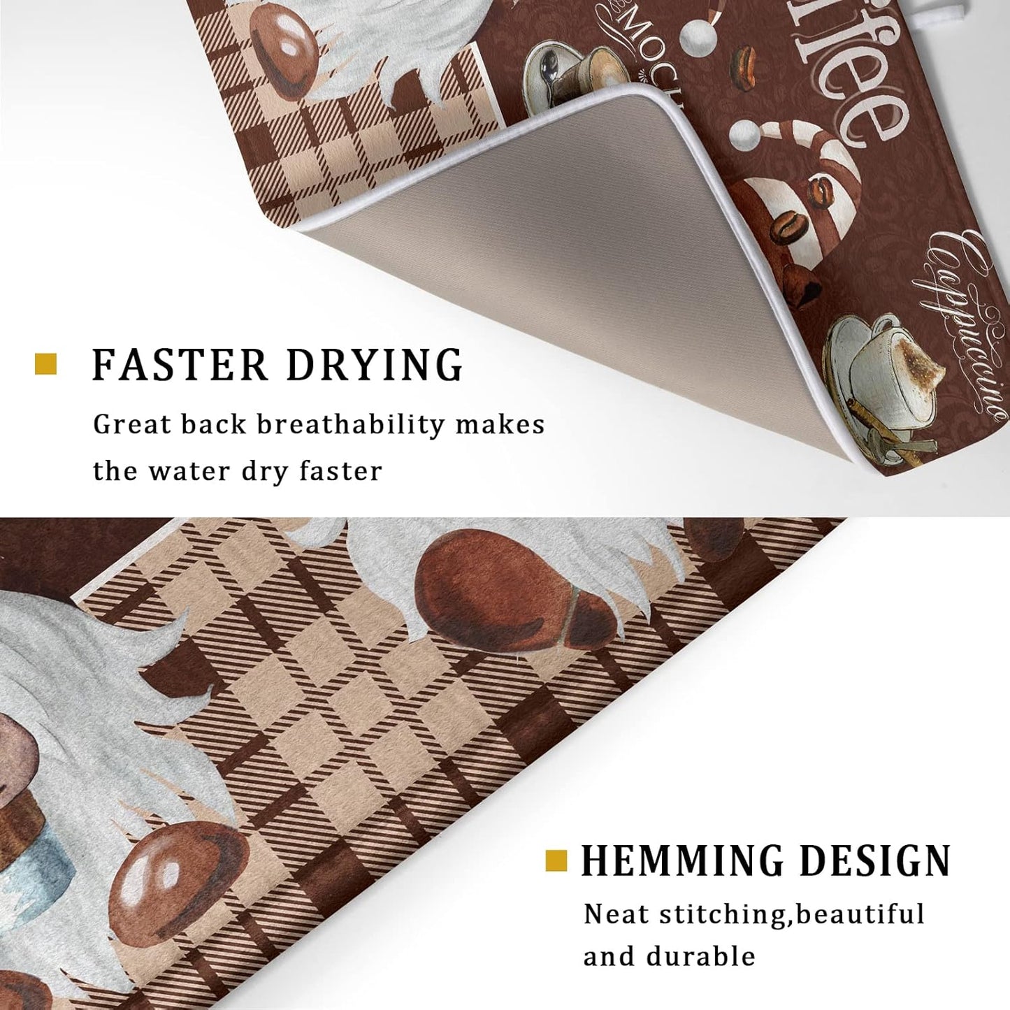 Coffee Gnomes Dish Drying Mat 18x24 Inch, Coffee Maker Mats for Tabletop, Buffalo Plaid Brown Mocha Absorbent Washable Spillproof Espresso Machine Pad Cafe Bar Kitchen Counter Protector