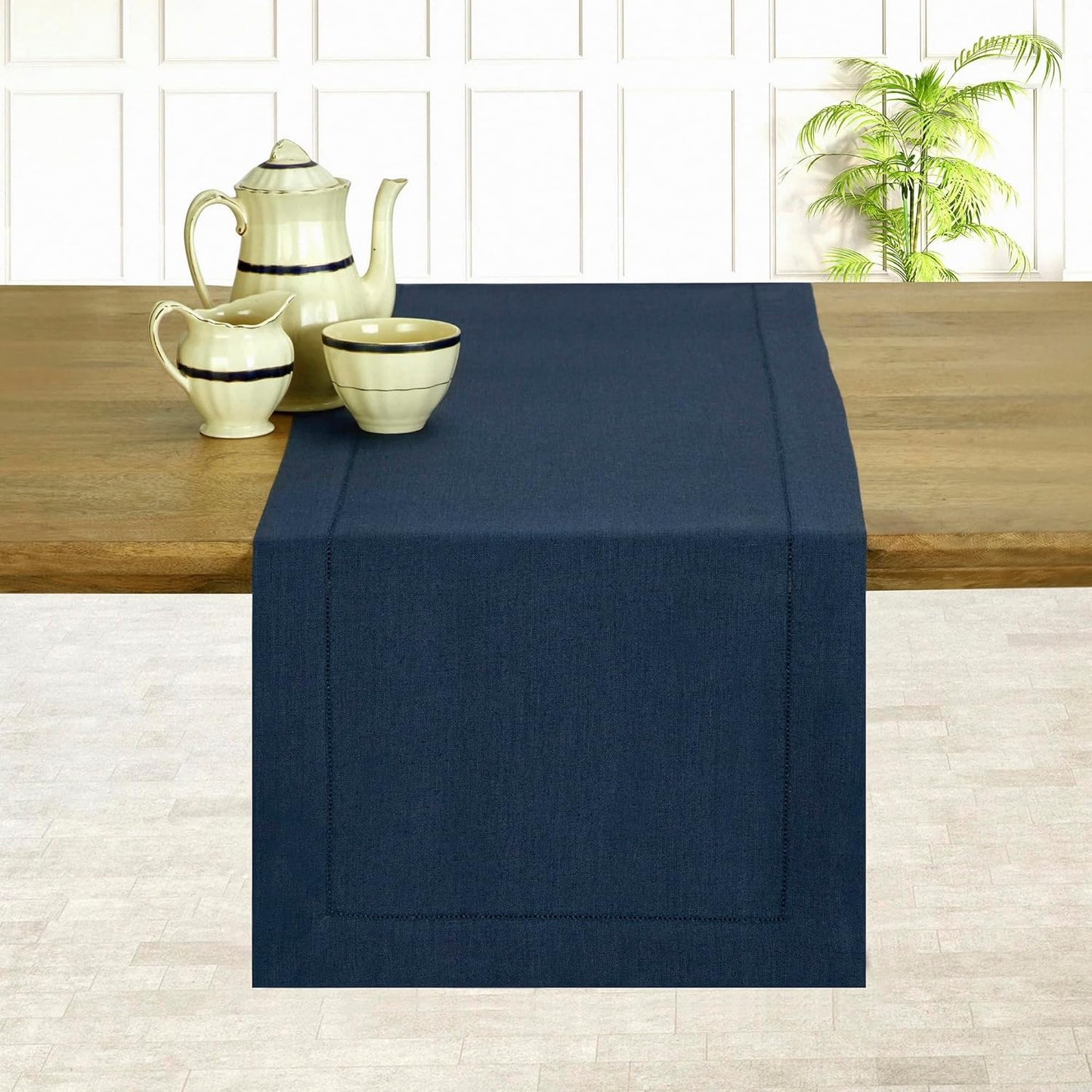 D'Moksha Homes Linen Navy Blue Table Runner 36 Inches - 100% Pure Linen Small Table Runner 14 x 36 Inch Ideal for Dresser, Coffee Tables, Fall, Autumn and Halloween - Classic Hemstitch