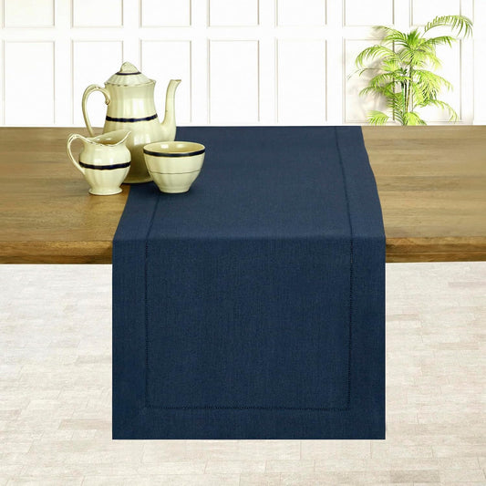 D'Moksha Homes Linen Navy Blue Table Runner 132 Inches Long - 100% Pure Linen Extra Long Table Runner 14 x 132 Inch for Fall, Autumn and Halloween - Classic Hemstitch