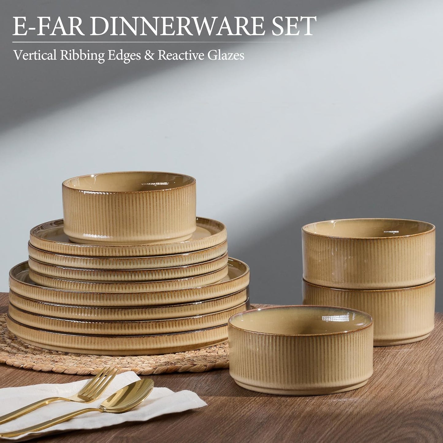 E-far Stoneware Dinnerware Sets, 18-Pieces Modern Plates and Bowls Sets, Kitchen Dinning Porcelain Dishes Set for 6, Chip & Scratch Resistant, Dishwasher & Microwave Safe, Caramel Khaki