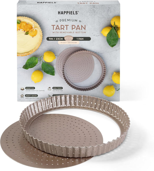 HAPPIELS Nonstick 9 Inch Tart Pan with Removable Bottom | PFOA & BPA Free Non Toxic Fluted Pie & Quiche Tin | Best Perforated Non Stick Nontoxic 9in Molds with Holes for Baking