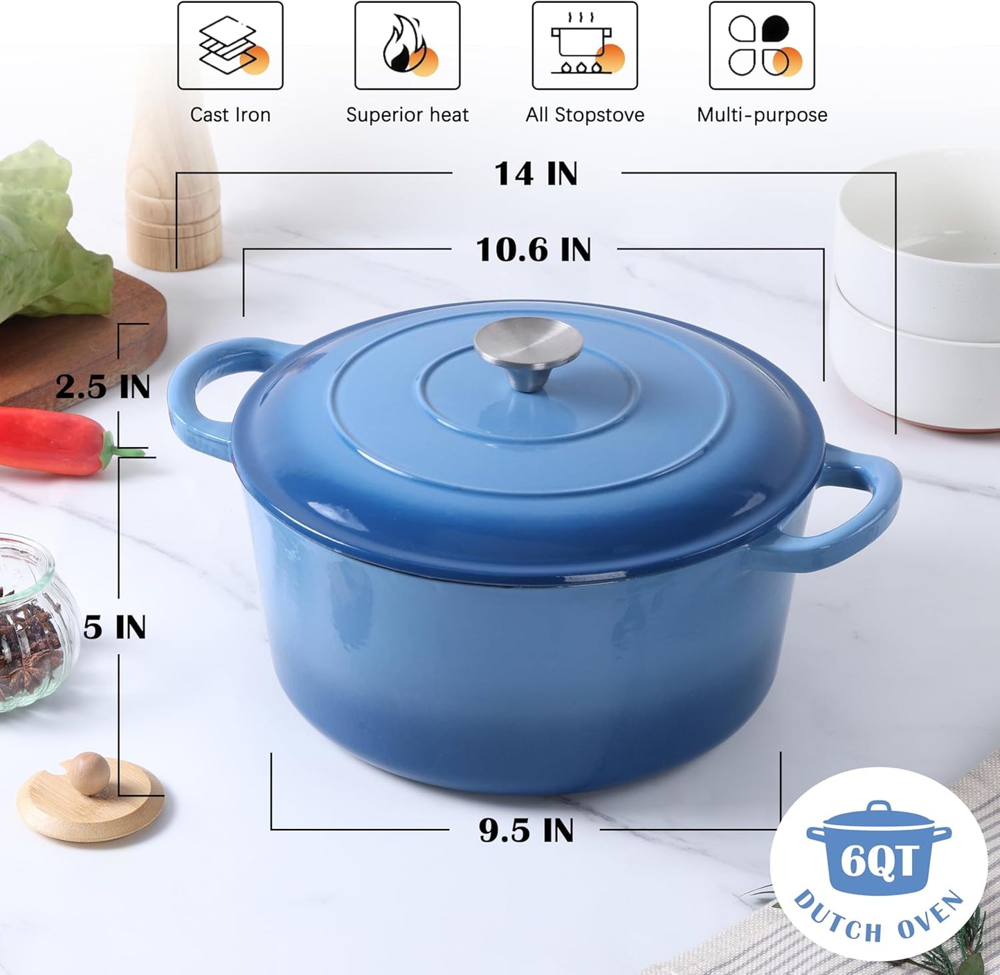 E-far Enameled Dutch Oven Pot for Bread Baking, 6QT Enameled Cast Iron Cookware with Self-Basting Lid & Sourdough Bread Baking Supplies, Heavy Duty Casserole Pot & Dual Handles-Blue
