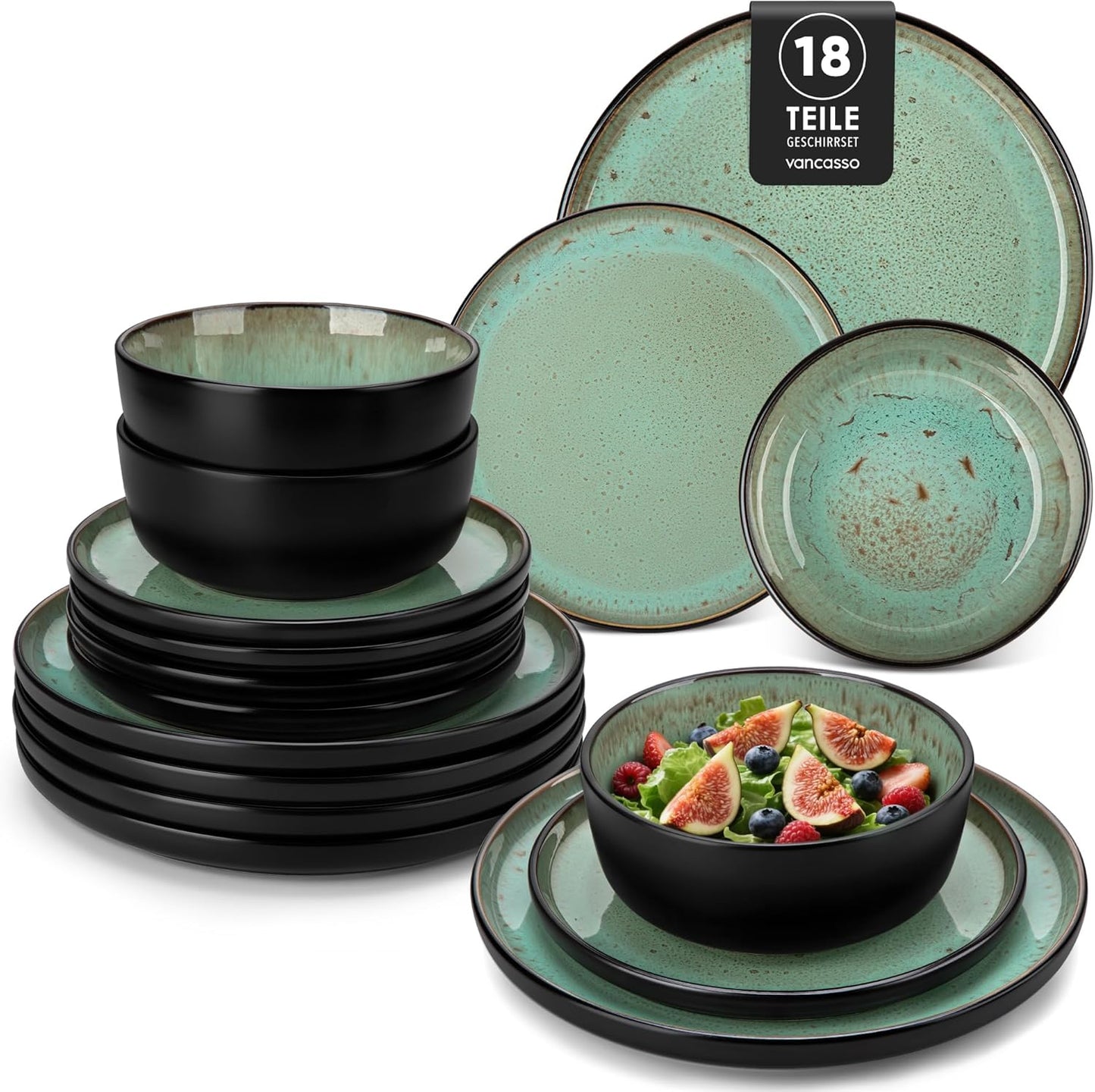 vancasso Plates and Bowls Sets, 18 Pieces Stoneware Dinnerware Sets for 6, Kitchen Dish Set Mircowave and Dishwasher Safe Dinner Set Ceramic Dishware, Turf Green, Series AMBER