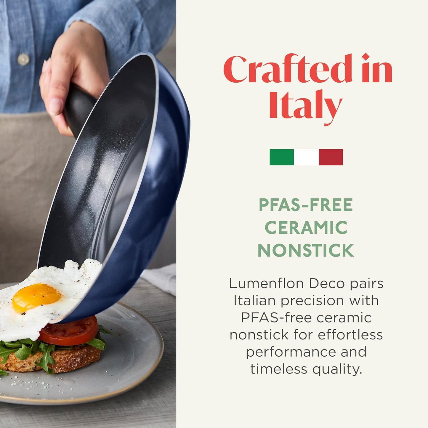 Deco 9.5” Nonstick Frying Pan Skillet, Made in Italy, Diamond Ceramic PFAS-Free, Dishwasher & Metal Utensil Safe, Durable Gloss Enamel Finish, Stay-Cool Handle, High Walls-Extra Room, Blue