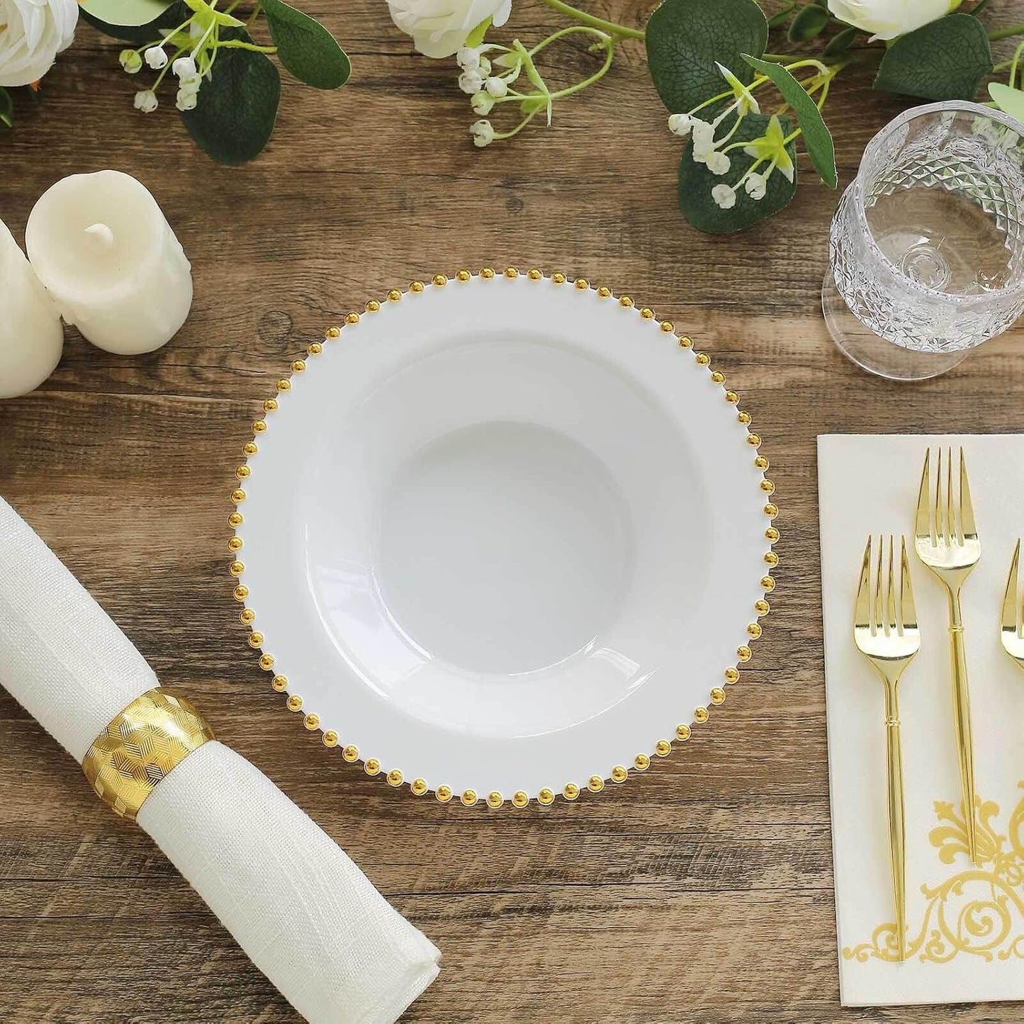 Efavormart 10 Pack White Plastic Soup Bowls with Gold Beaded Rim, Round Disposable Dessert Salad Bowls - 12oz