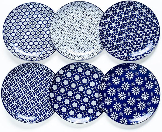 AntoKueh Porcelain Dinner Plates Set of 6, 10.5 Inch Large Ceramic Plates - Blue and White Vintage Design for Salad, Pasta, Steak - Scratch, Chip Resistant, Dishwasher & Microwave Safe