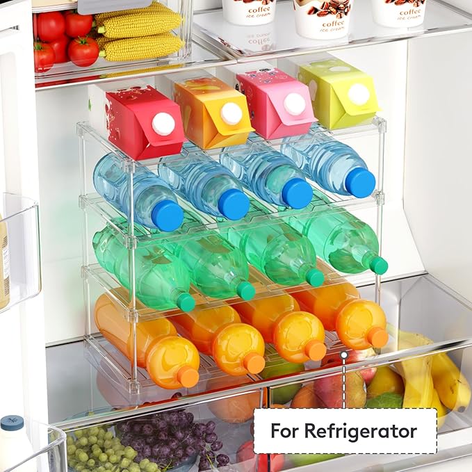 Lifewit Stackable Water Bottle Storage Organizer, Clear Tumbler Cup Mug Organizer, Plastic Large Compartment Wine Rack for Fridge Cellar Kitchen Pantry Storage, 4Tier Hold 16