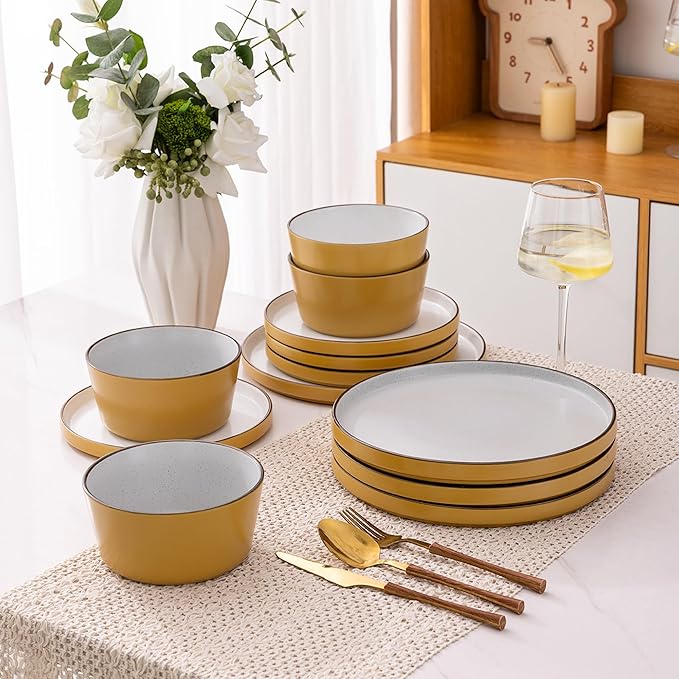AmorArc Dinnerware Set for 4,12 Pieces Ceramic Plates and Bowls Set, Handcrafted Speckled Stoneware Tableware, Dishwasher & Microwave Safe Dishes - (Service for 4)