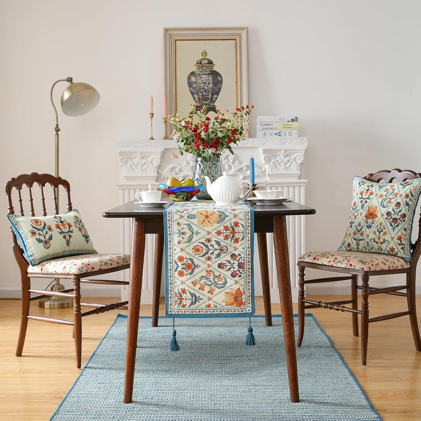 ISAENNE Designer Bohemian Elegant Linen Table Runner 71 Inches Long,Colorful Flower Pattern Table Runners for Dining Tables,Thanksgiving,Kitchen Tables,Christmas,12"*71"-Floralsea A